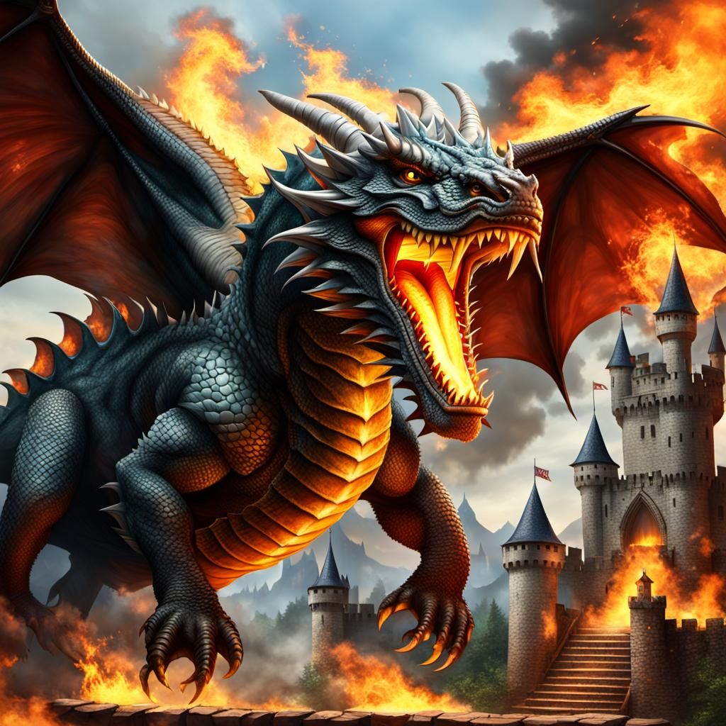 Realistic Dragon Flying Around Castle with Princess