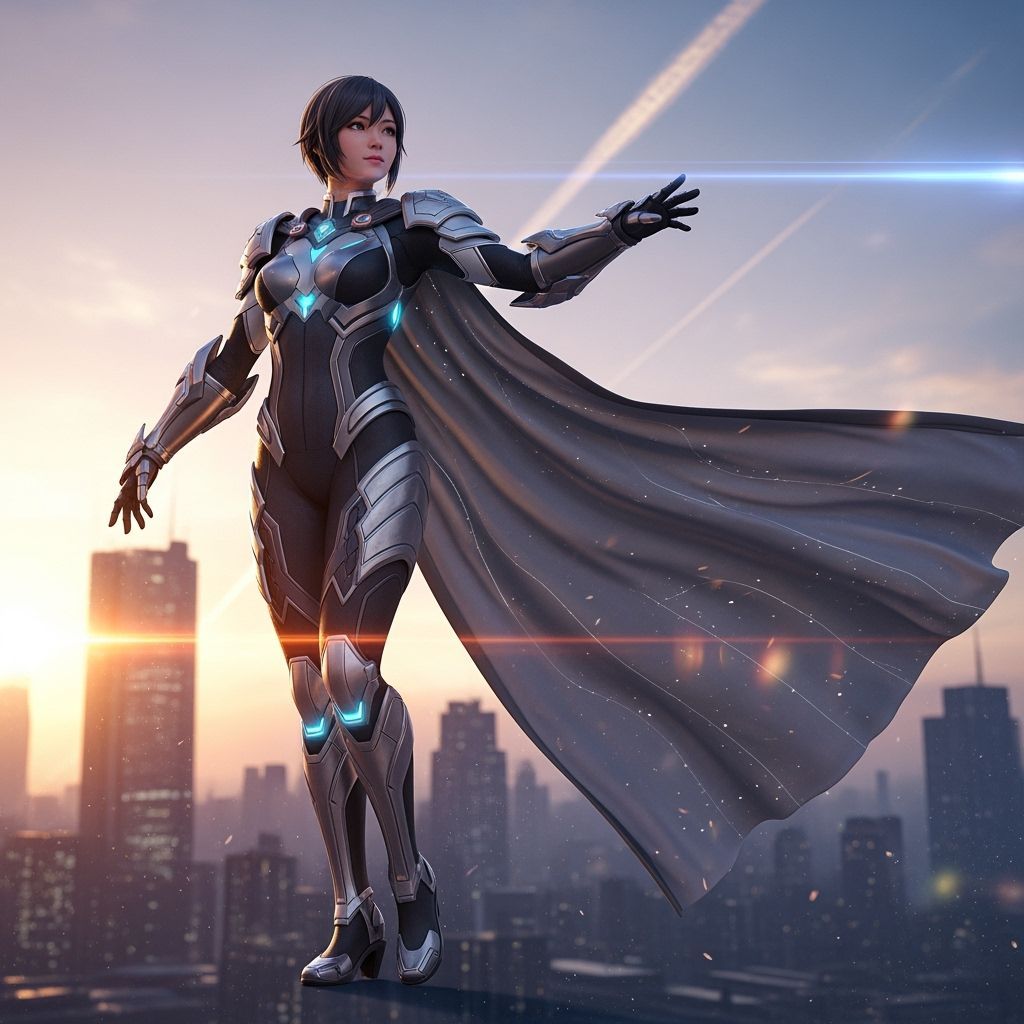 Dynamic Asian Superhero in Futuristic Cityscape, Anime Style