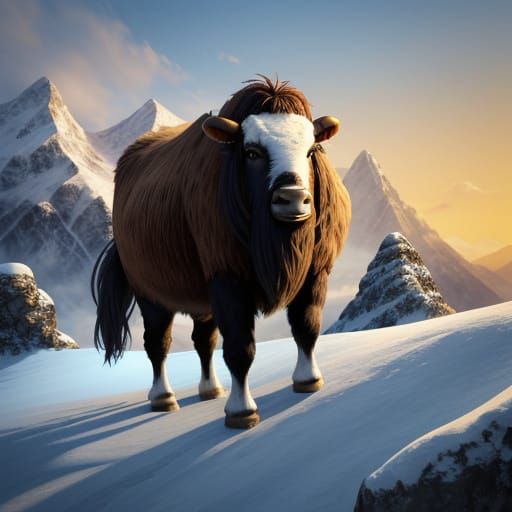 Yak on Snowy Mountain at Golden Hour