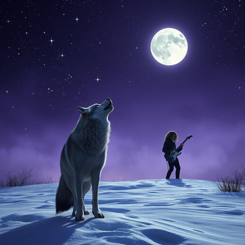 Wolf Howling at Moon Under Starry Night