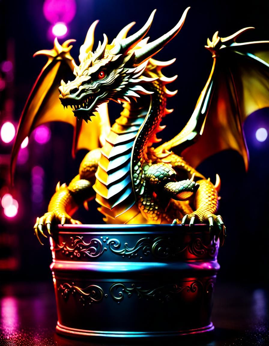 Miniature Dragon in Bucket: Dark Fantasy Concept Art