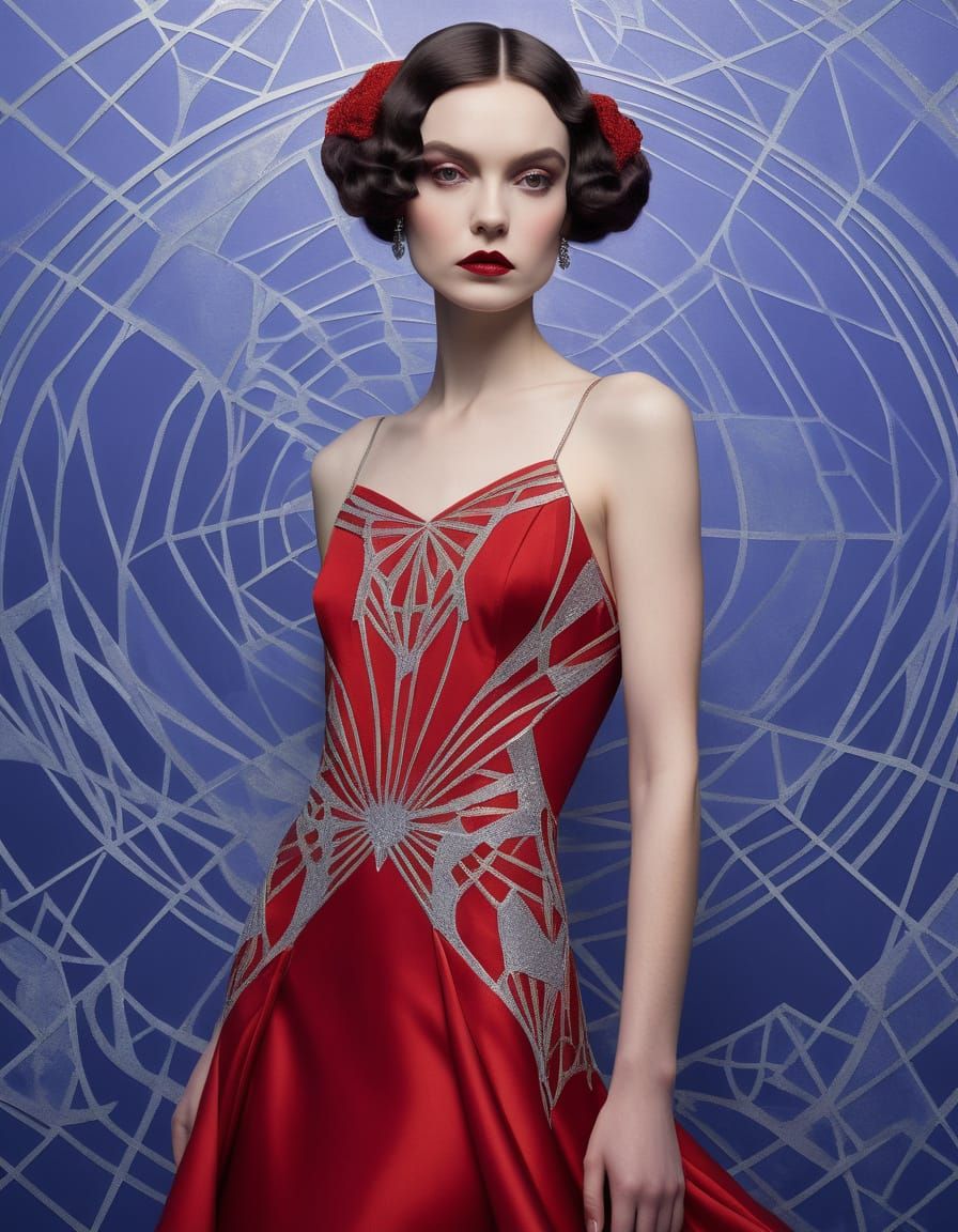 Glamorous Woman in Red Dress, Art Deco Portrait