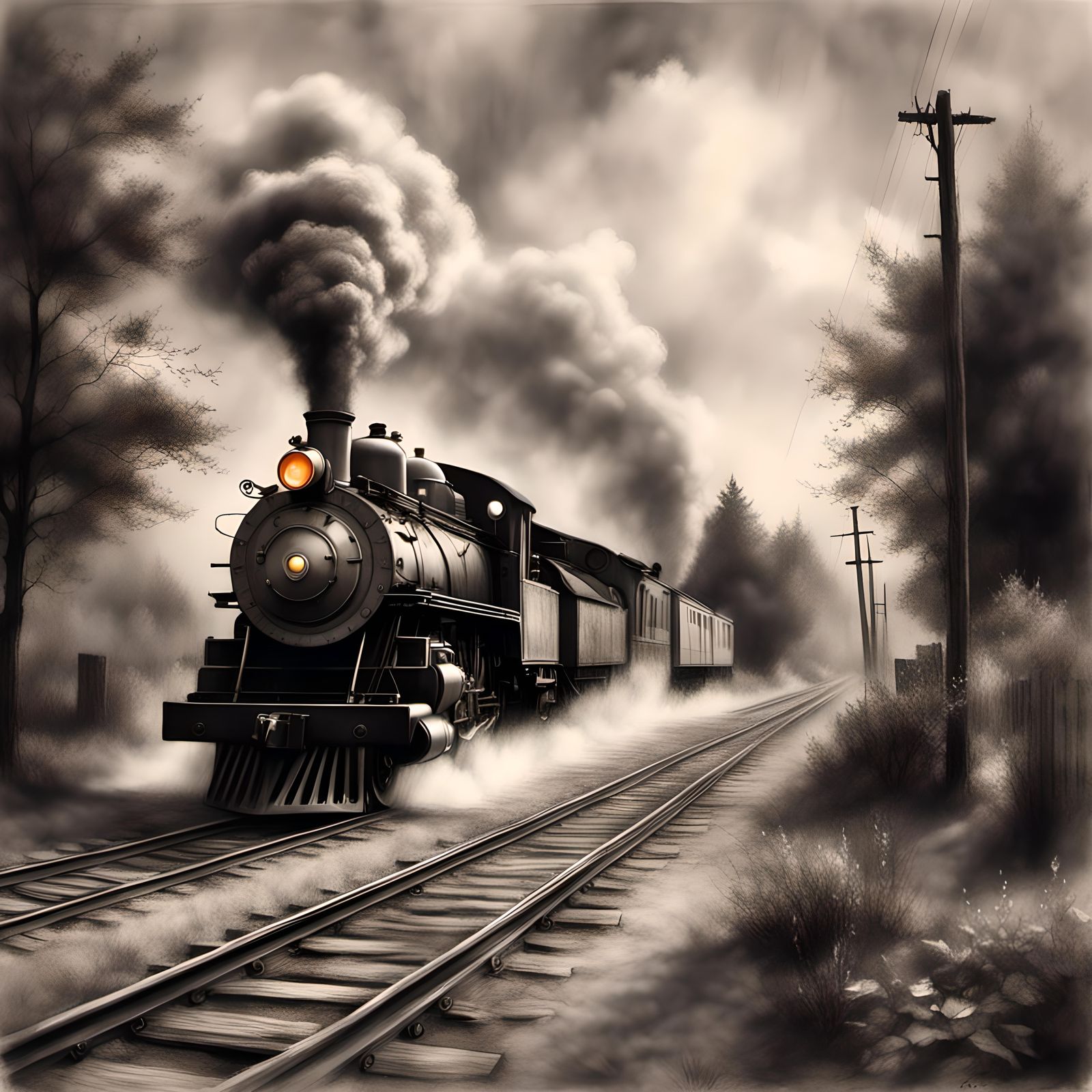 Vintage Steam Train in Charcoal Pencil Sketch