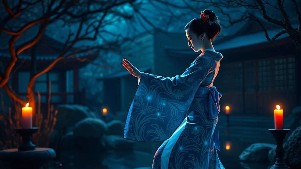 Geisha in Zen Garden with Abstract Geometry