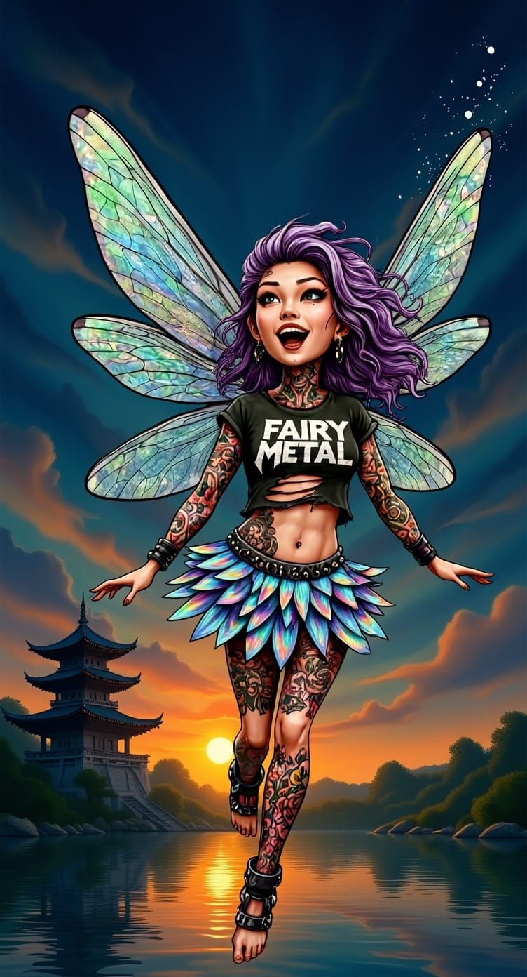 Punk Asian Fairy with Metal T-Shirt in Ink Splatter