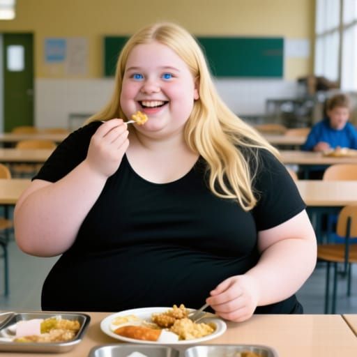 Portrait of an Obese Young Girl Eating Lunch