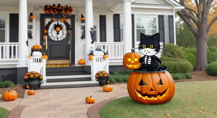 Halloween House with Pumpkin Decor and Black Cat