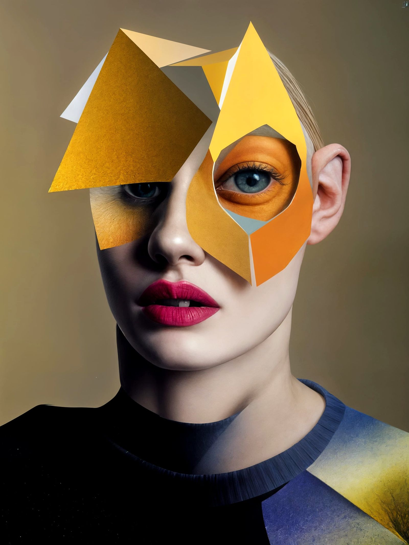 Abstract Painting in Gold, Vermillion and Blue