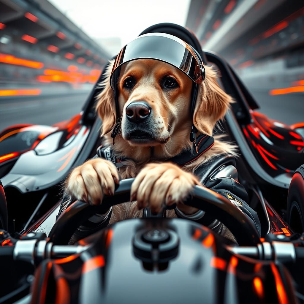 Golden Retriever Speed Demon in High-Octane F1 Action