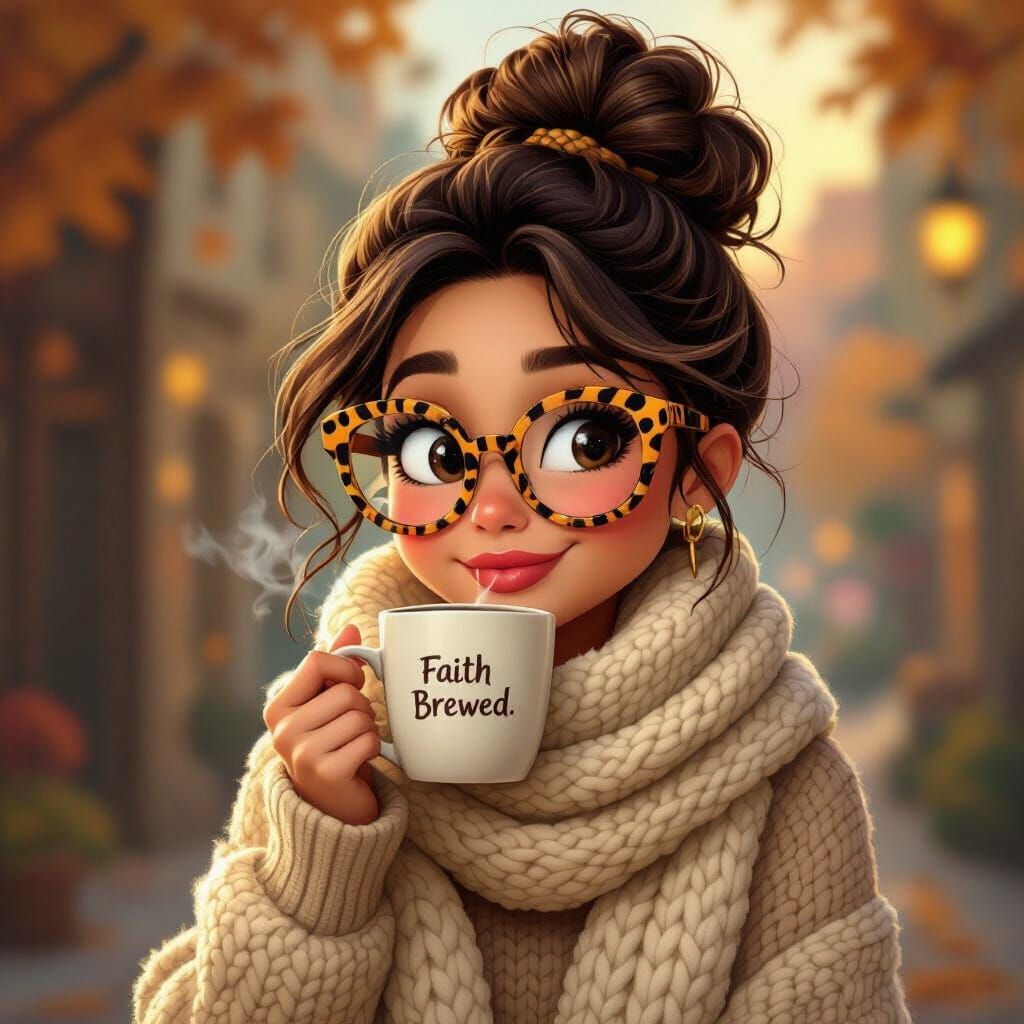 Cozy Cartoon Woman with Leopard Glasses and Scarf