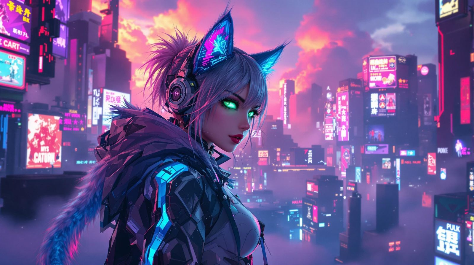 Cyberpunk Anime Space Cat Girl Warrior in Dystopian Future C...
