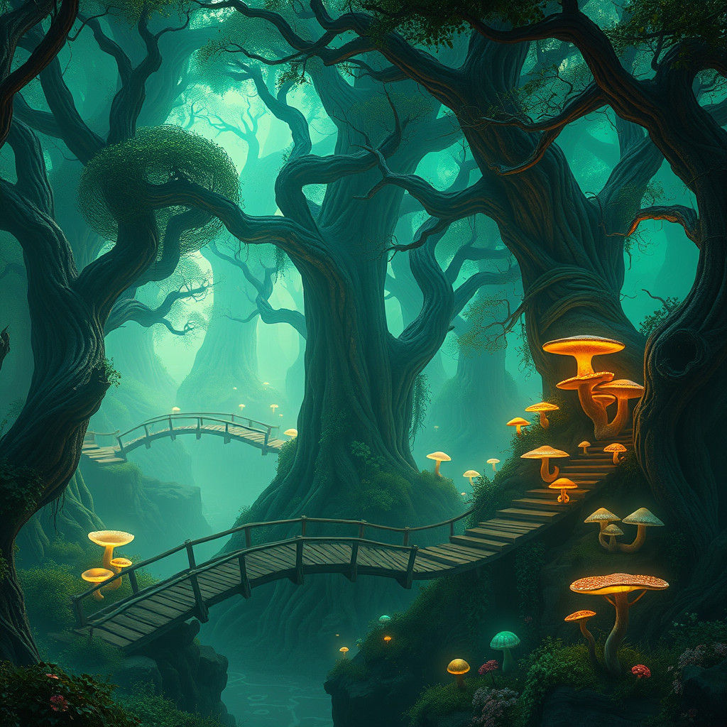 Mystical Forest with Glowing Bridges in Matte Painting Style