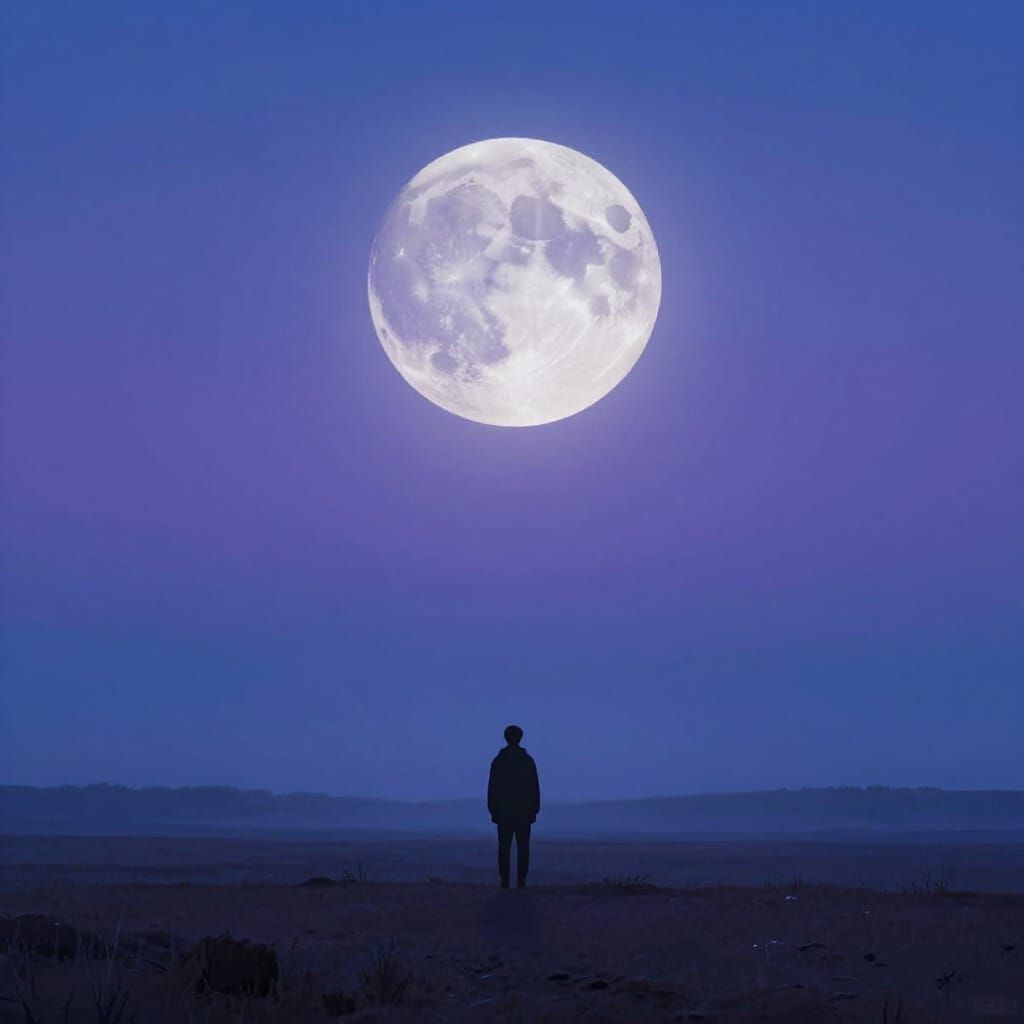 Figure Gazes at Giant Moon in Ethereal Digital Painting