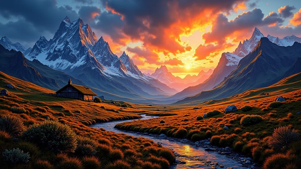 Rugged Valley Sunset Landscape Digital Painting