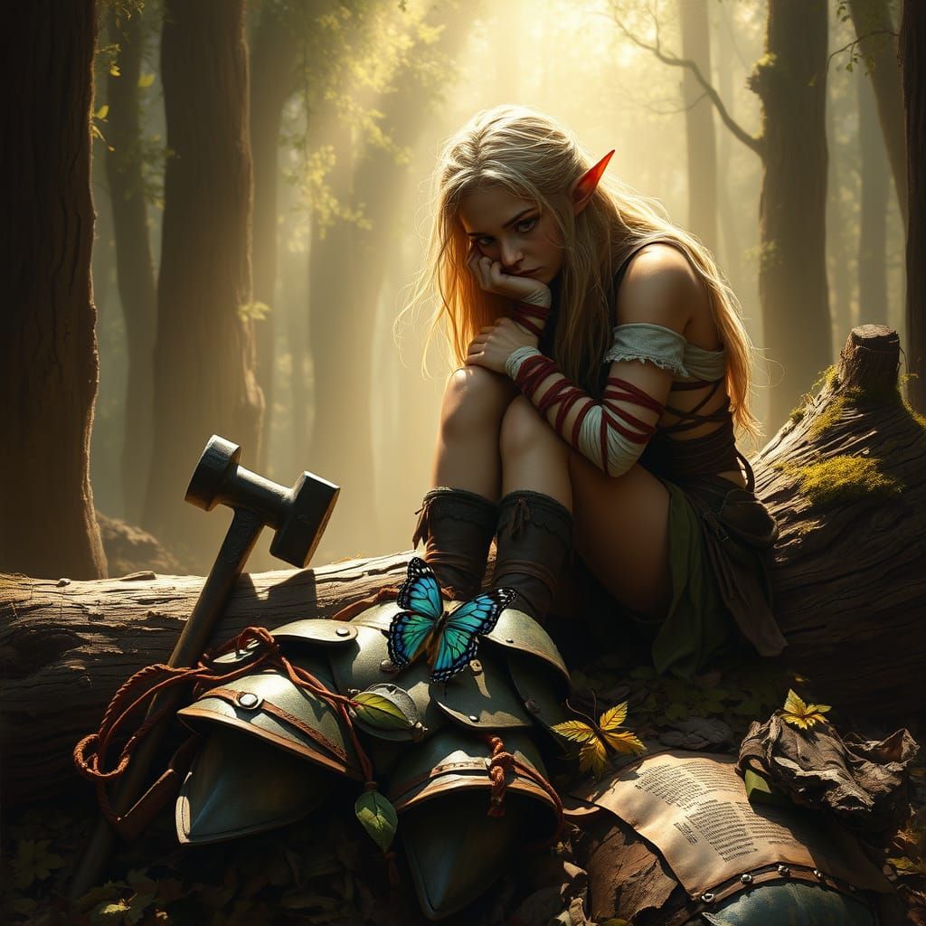 Weary Elf Warrior Woman in Tenebrism Style, Renaissance Era