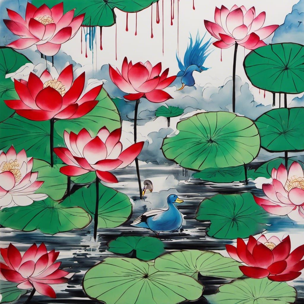 By Qi Baishi Lotus flowers and wild ducks