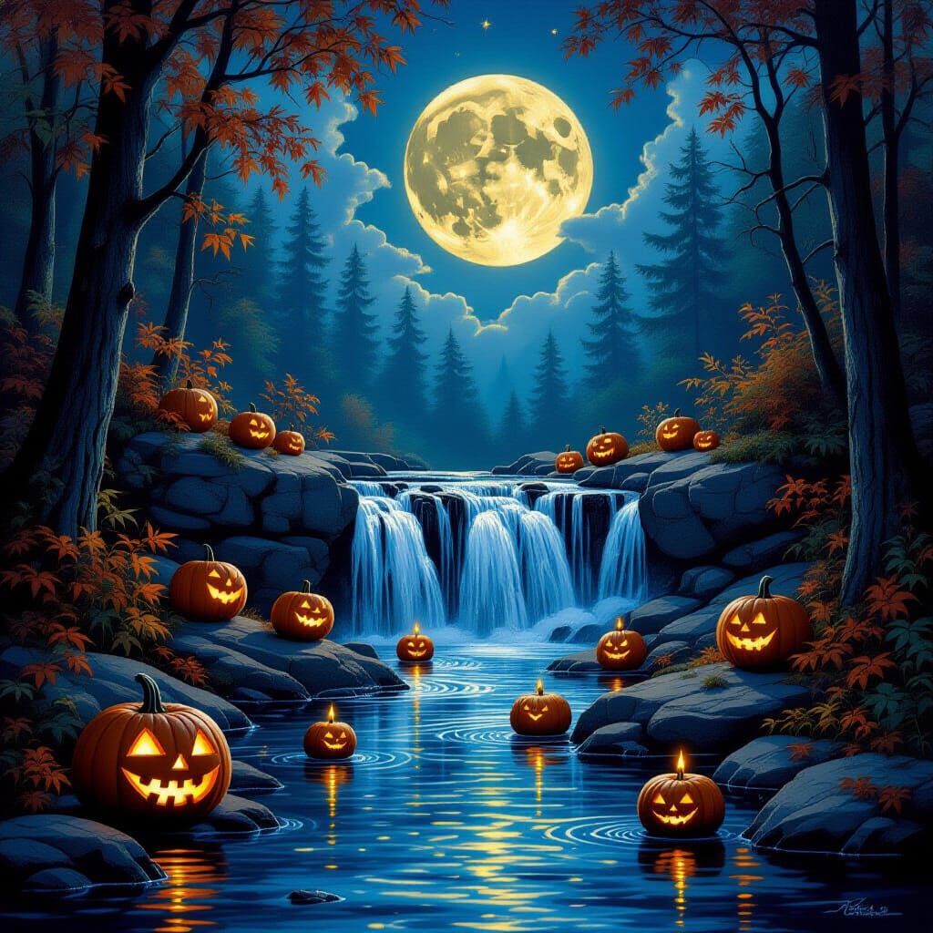 Magical Harvest Moon Waterfall with Floating Pumpkins