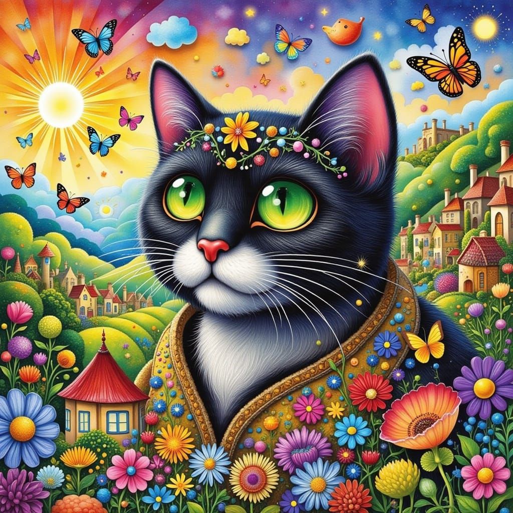 Folk-Art Style Cat in Fantasy Village