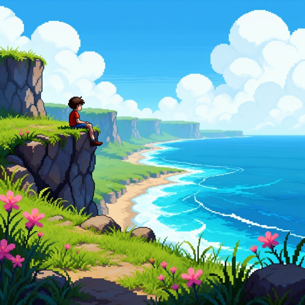 Pixel Art RPG Boy Gazes at Ocean on Cliff