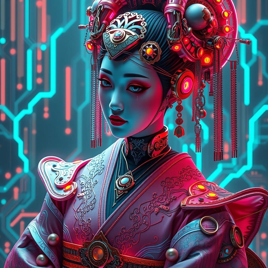Cyberpunk Geisha Concept Art in Neon and Metal