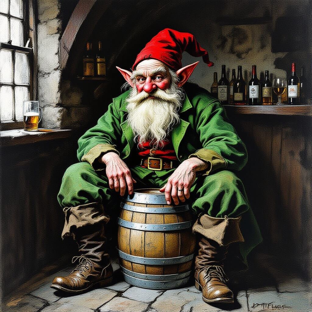 Cluricaun on Beer Keg in Goya Style Charcoal Drawing