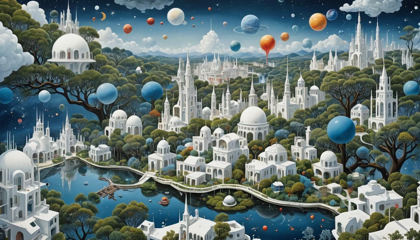 Cosmic Cityscape in Naïve Art Style