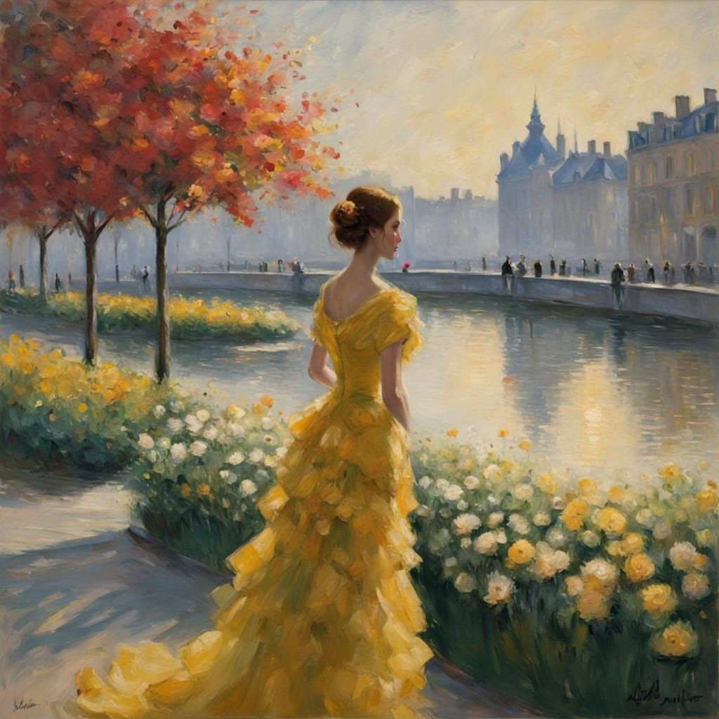 Vibrant City Girl with Yellow Dress and Green Eyes