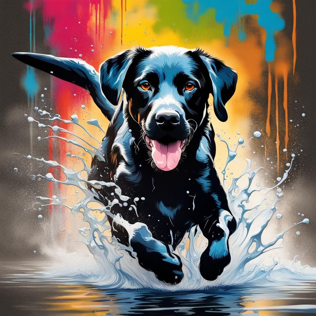 Black Lab in Water: Graffiti Art Style