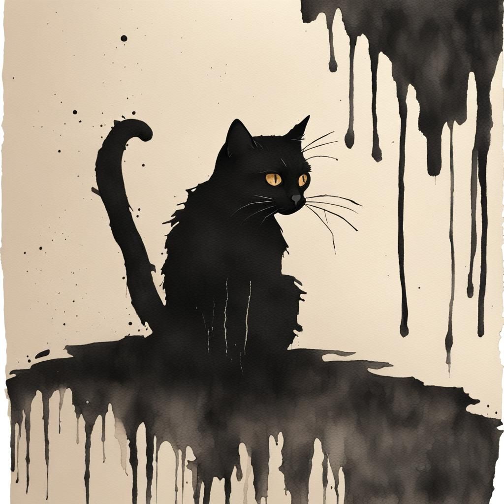 Minimalist Black Cat in Watercolor Collage Style