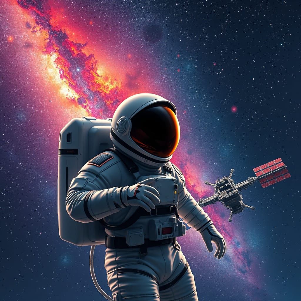 Cosmic Astronaut Explores Galaxy with Vibrant Stars and Inte...