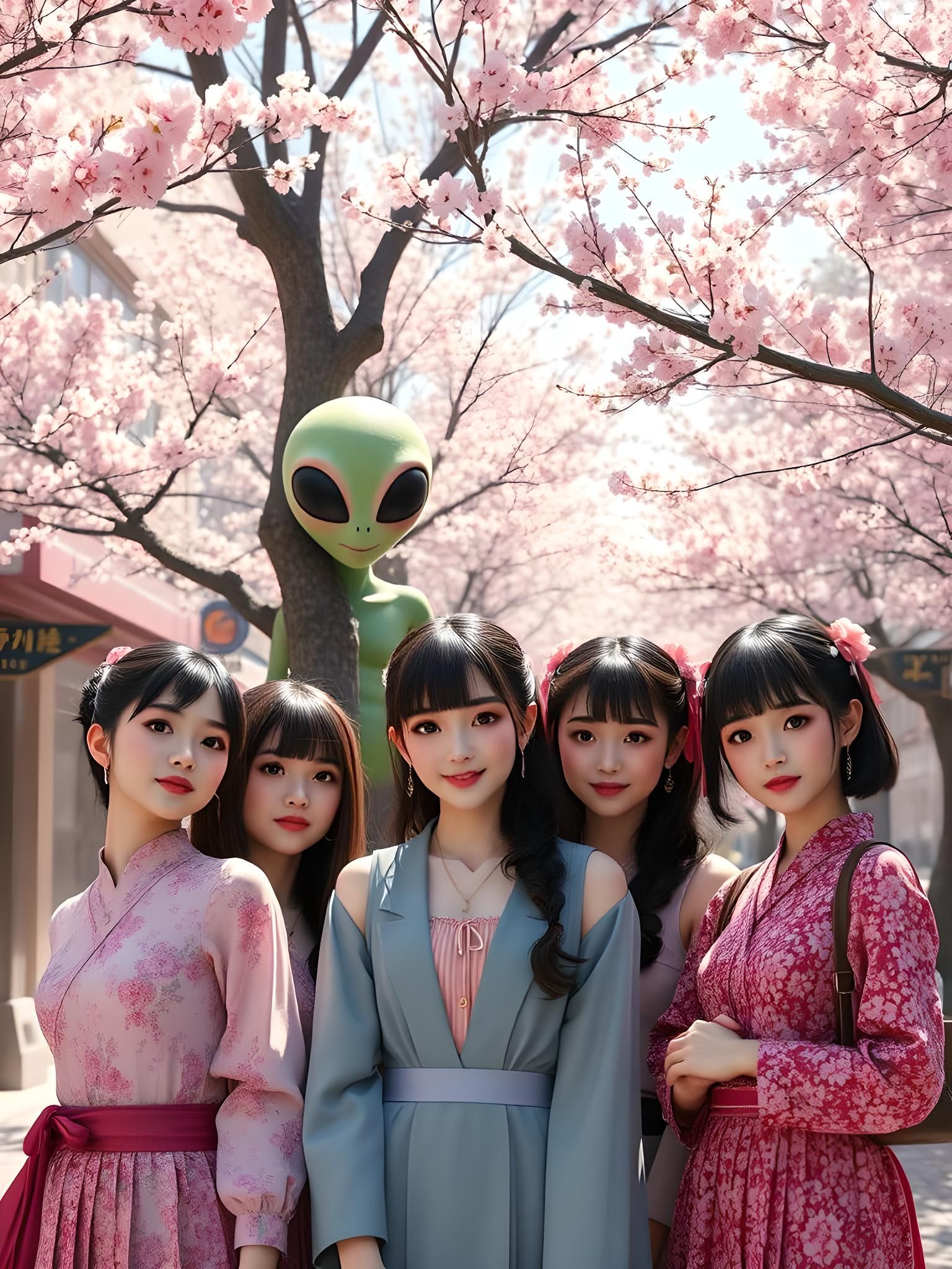 Gyaru Girls Posing with Alien in Japan
