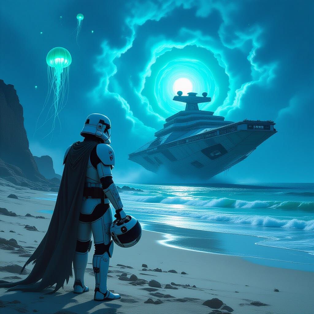 Clone Trooper Contemplates Ruined Star Destroyer