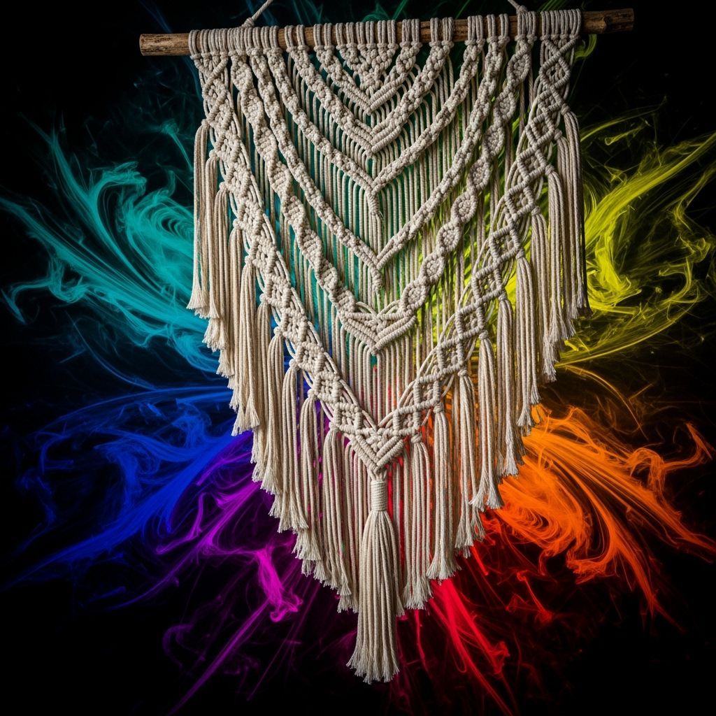 Intricate Macrame Wall Hanging with Colorful Abstract Backgr...