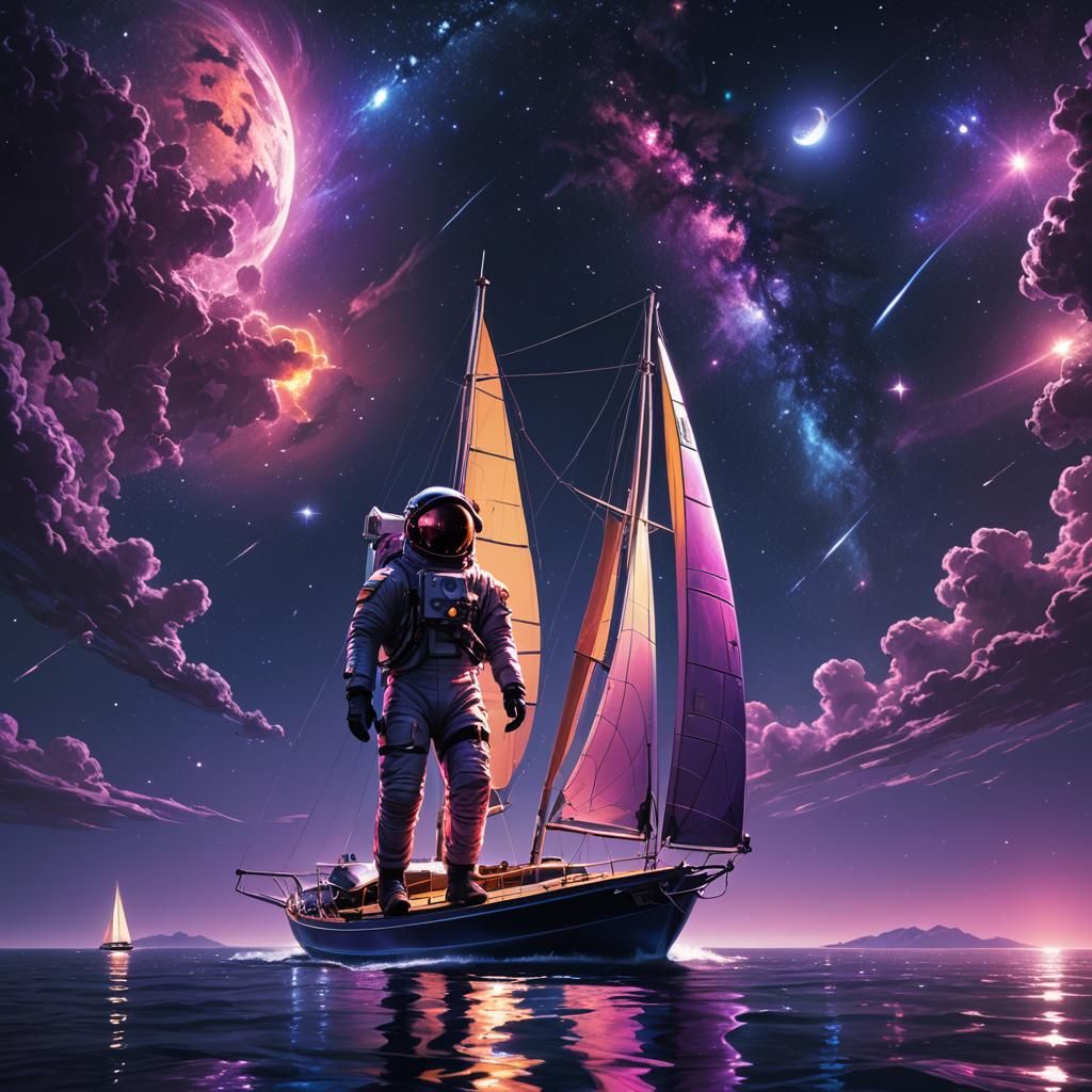 Astronaut Sailing the Night Sky in Sci-Fi Style