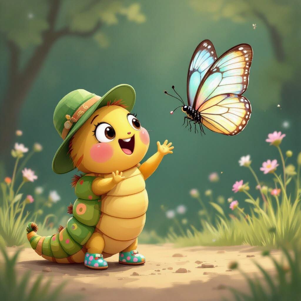 Cartoon Caterpillar's Joyful Butterfly Encounter