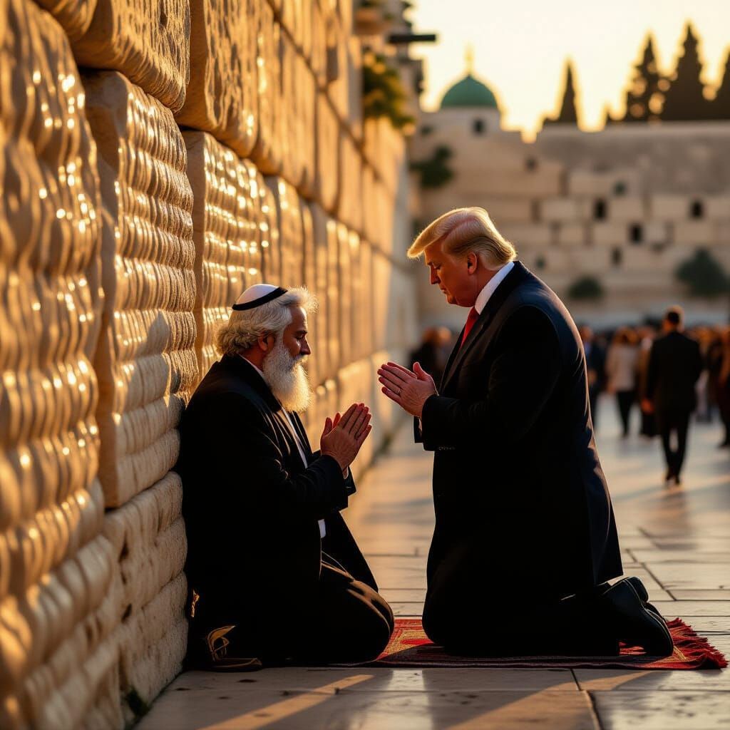 Trump Prays at Western Wall in Golden Hour Oil Painting