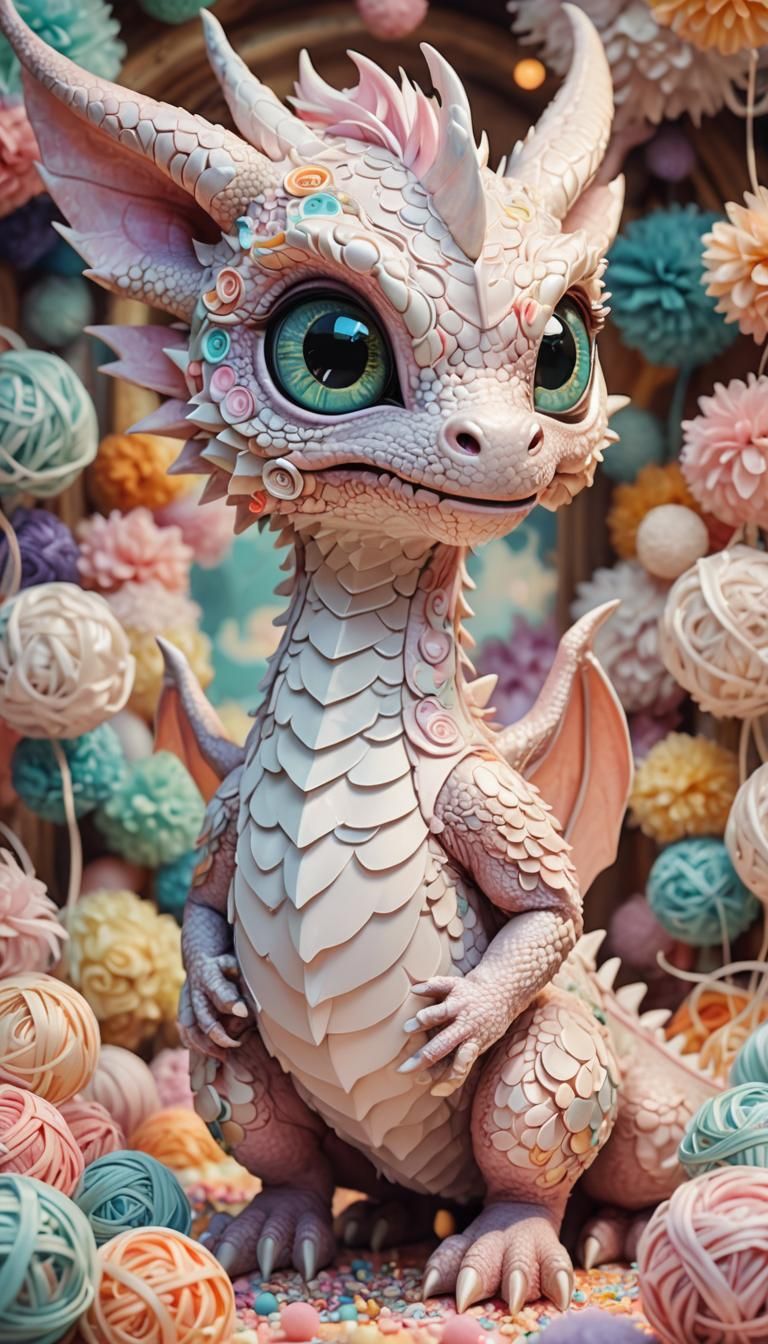 " Hyperrealistic digital art. Medium shot. Chibi dragon with big eyes made of white
pene stands in a pleasant environmen...