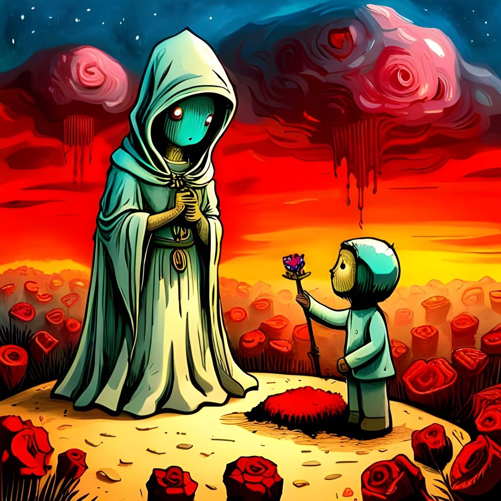 Chibi Cultist Offers Flower to Bleeding Statue
