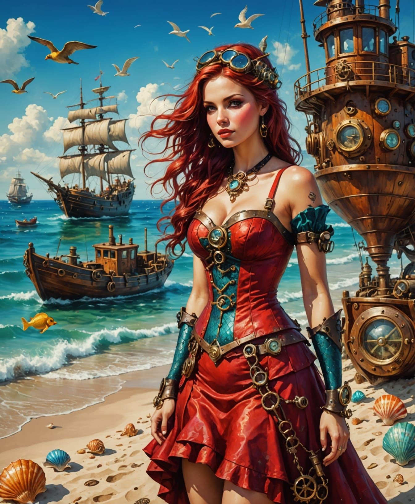 Steampunk Mermaid in a Red Dress on a Beautiful Beach