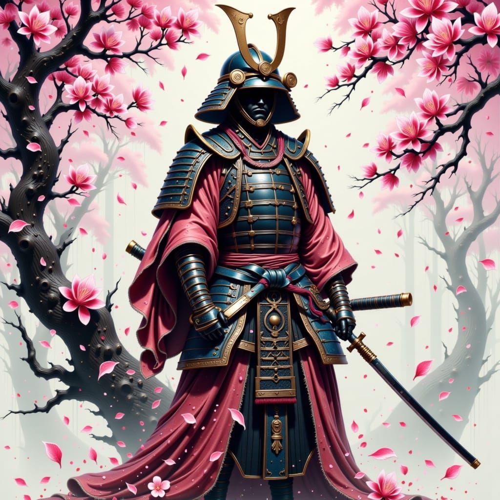 Samurai Warrior in Cherry Blossoms, Inksplash Style