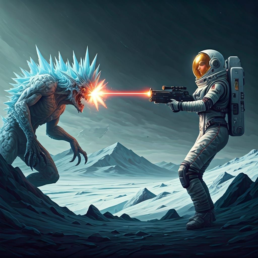 Astronaut Battles Monster on Frozen Planet in Sci-Fi Style