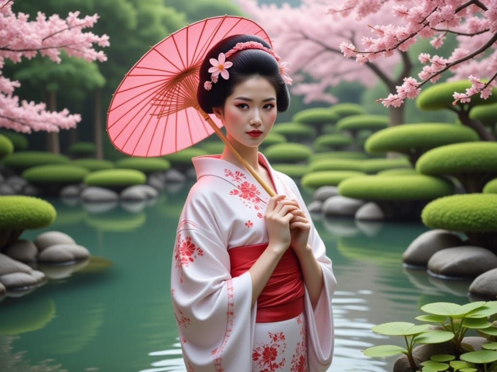 Sakura Geisha in Traditional Attire with Cherry Blossoms