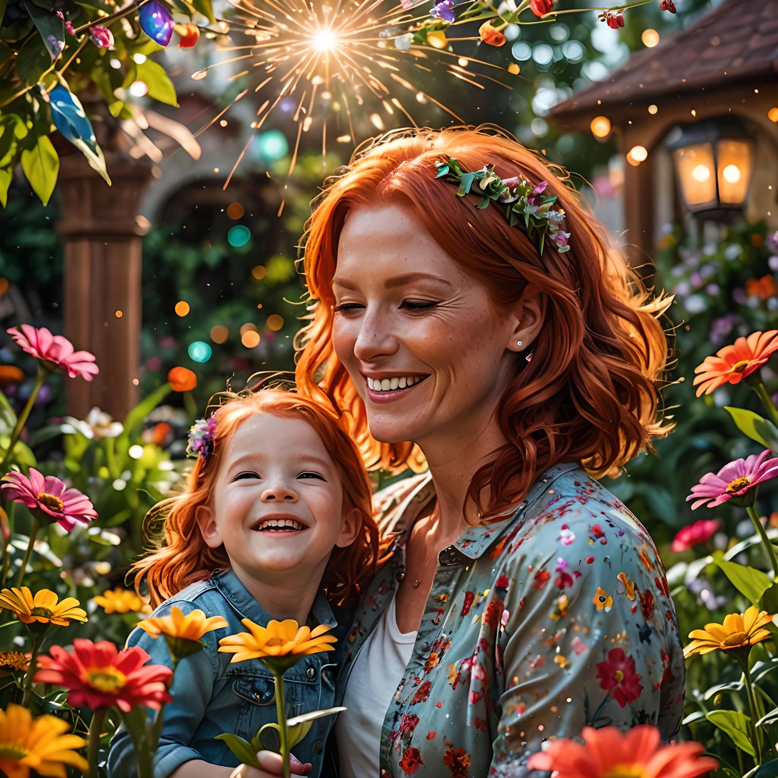 Happy Mother and Child in Dream Garden