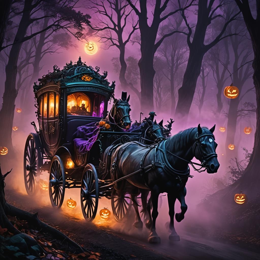 Ghostly Carriage Speeds Through Haunted Forest