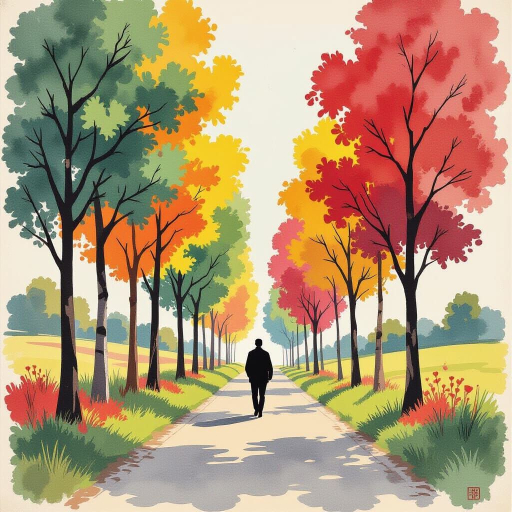 Colorful Cartoon Trees Ink Painting