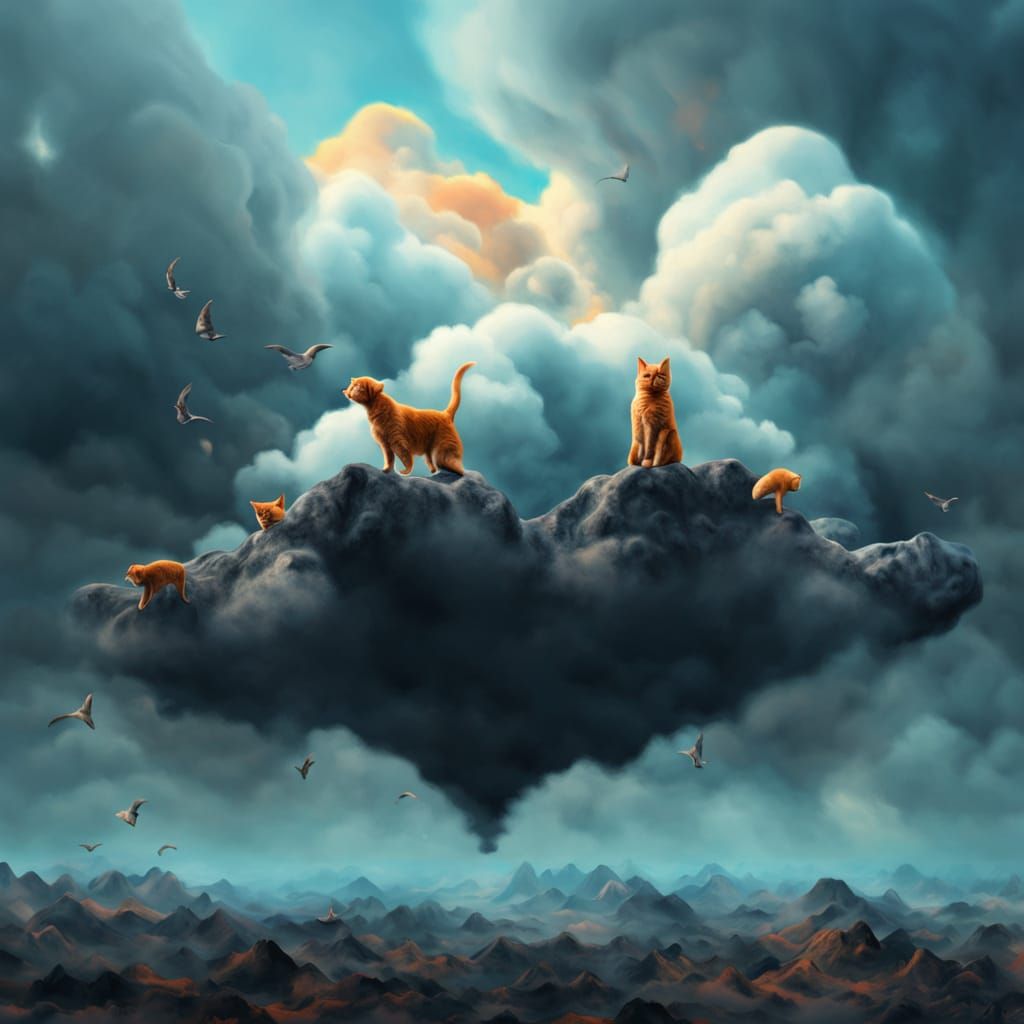 Surreal Dreamscape: Cats and Dogs Fall from Melting Clouds