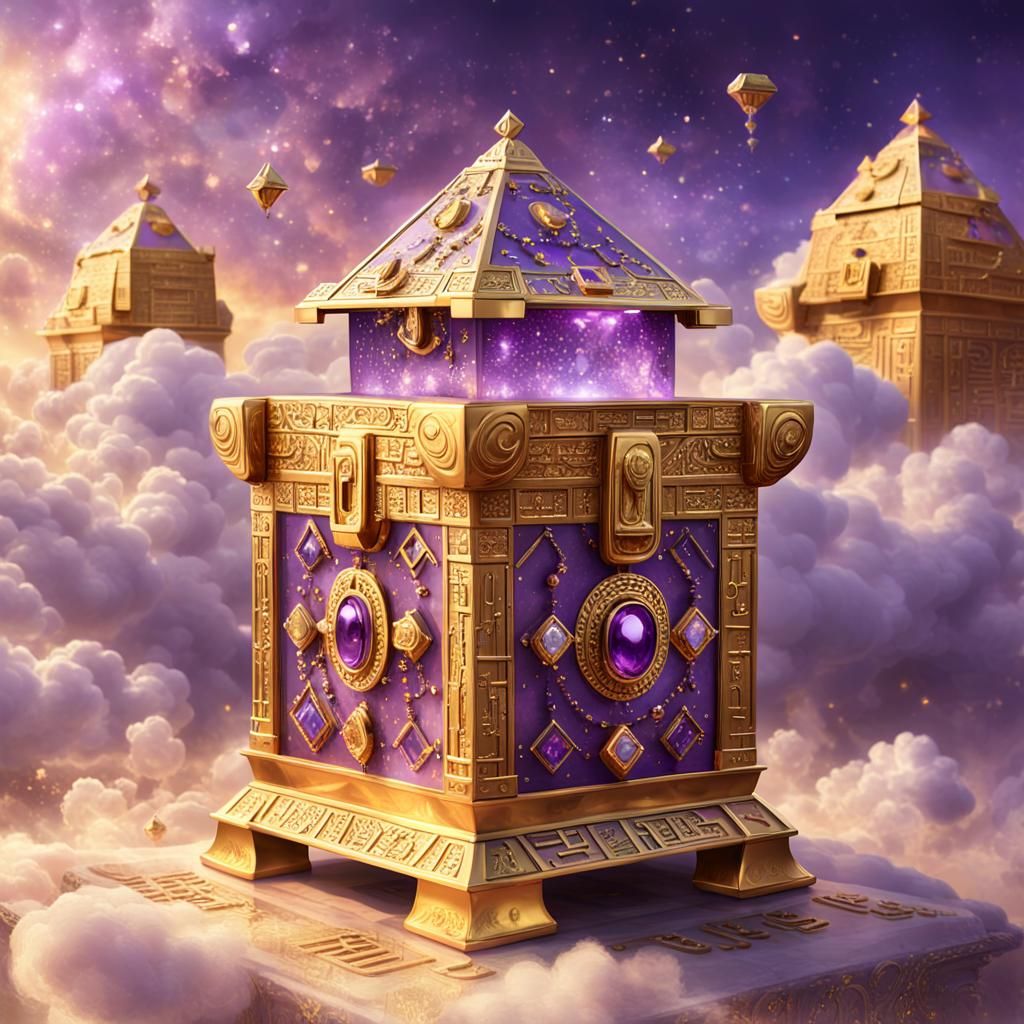 Ornate Golden Box on Cloud Pedestal in Fantasy Art