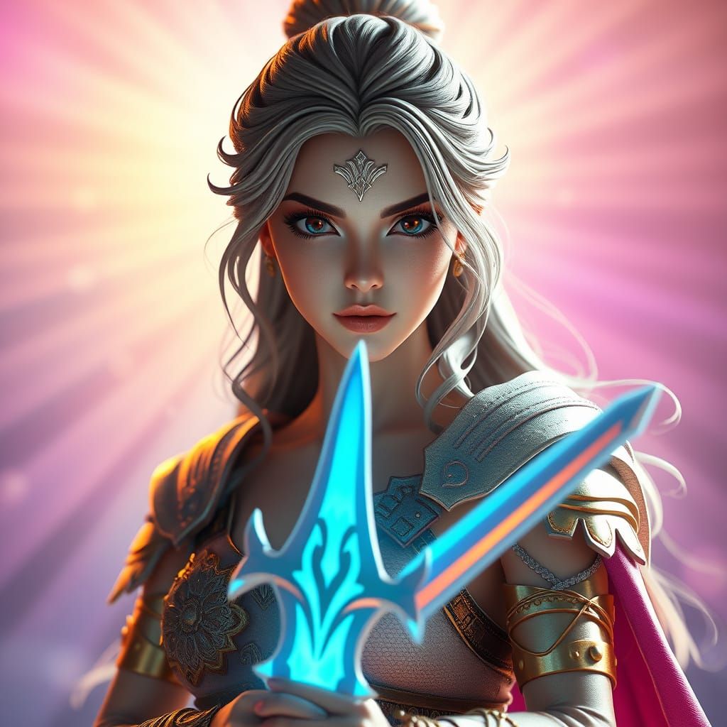 Ethereal Warrior Goddess in Dreamlike Landscape