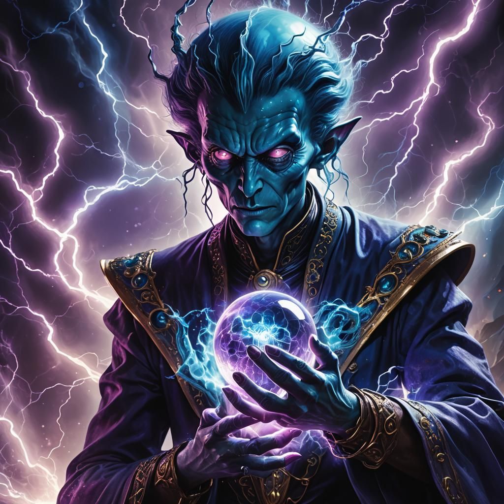 Alien Magician Holding Crystal Ball in Neo-Surrealist Style