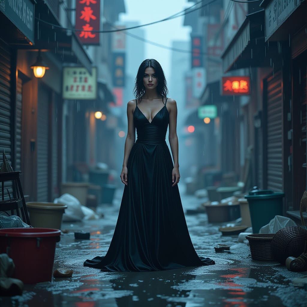 Woman in Chaotic Hyperrealistic Digital Art Scene